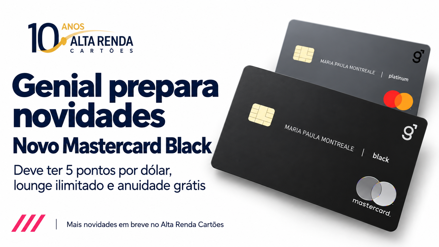 A Genial Investimentos está preparando um novo Mastercard Black que pode mudar sua linha de cartões premium: 5 pontos por dólar gasto, acesso ilimitado a salas VIP e anuidade grátis. As informações foram antecipadas antes do lançamento oficial, então as regras finais de elegibilidade ainda serão confirmadas.

Hoje, a Genial oferece cartões Platinum e Black para clientes investidores, ambos com anuidade grátis e acúmulo de gCoins. O Black atual inclui até oito acessos ao LoungeKey por ano, mas o benefício depende de critérios de gastos ou investimentos, não apenas do aporte mínimo de R$ 50 mil.

A nova versão pode deixar as recompensas de viagem bem mais atraentes para quem viaja com frequência e gasta alto, especialmente se o lounge ilimitado valer para acompanhantes e cartões adicionais. A Genial ainda não publicou o regulamento completo.
