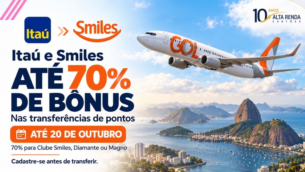 O Itaú e a Smiles lançaram uma campanha por tempo limitado com até 70% de bônus nas transferências de pontos. Assinantes do Clube Smiles e clientes Diamante ou Magno recebem o percentual máximo, enquanto os demais participantes ganham 40%. A promoção vai das 10h de 19 de outubro até as 23h59 de 20 de outubro, no horário de Brasília.

Para garantir o bônus, é preciso se cadastrar na página oficial da campanha antes de transferir os pontos. A bonificação é limitada a 300 mil milhas por CPF ou Conta Família, e as milhas extras serão creditadas até 4 de novembro de 2026, com validade de 12 meses. É uma oportunidade forte para quem tem pontos no Itaú e quer turbinar o saldo na Smiles para resgates futuros.

Corra: a campanha termina em 20 de outubro, e o cadastro é obrigatório antes de qualquer transferência. Confira as regras de conversão e os limites com antecedência para aproveitar ao máximo a oferta.