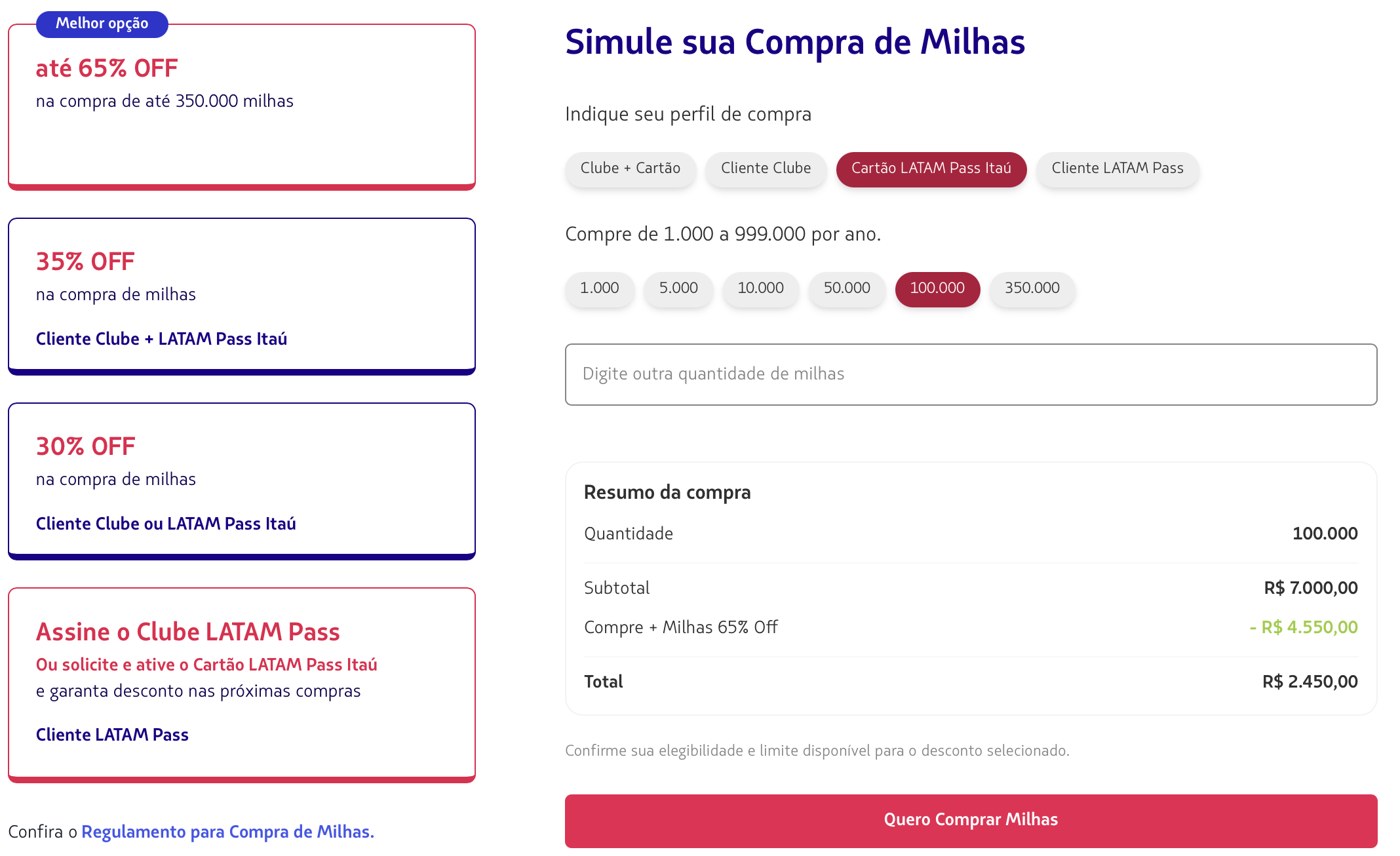 O LATAM Pass acaba de turbinar a compra de milhas com até 65% de desconto para quem tem cartão LATAM Pass Itaú. Mesmo sem o cartão, o desconto chega a 62%. A promoção vai só até sexta-feira, então corre para garantir aquele upgrade na sua próxima viagem.

Com o desconto, o custo para cada mil milhas cai de R$70 para apenas R$24,50 para titulares do cartão elegível, e dá para comprar até 350 mil milhas. O pagamento pode ser parcelado em até 10 vezes sem juros nas bandeiras Elo, Mastercard e Visa. E se você ainda não tem o cartão LATAM Pass Itaú, dá para ganhar até 40.000 pontos bônus ao solicitar o seu.