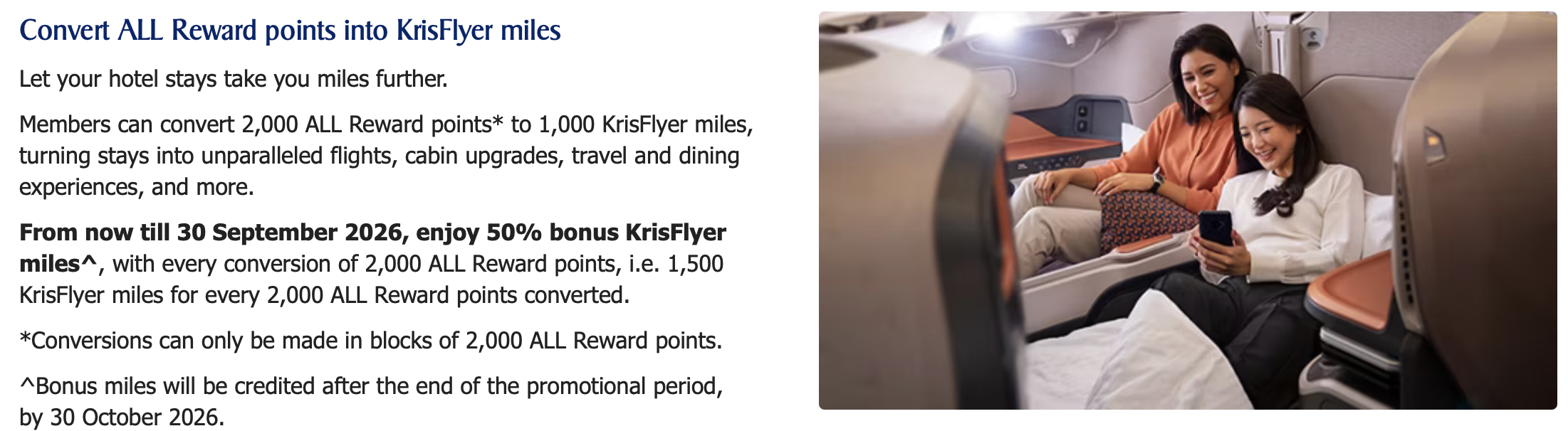 O KrisFlyer, programa da Singapore Airlines, está com uma promoção imperdível: transfira pontos Reward do ALL Accor e receba 50% de bônus nas milhas. Até 30 de setembro, cada 2.000 pontos viram 1.500 milhas KrisFlyer.

É uma chance rara de turbinar seu saldo para emitir Suites, Primeira Classe ou Executiva de longo alcance da Singapore Airlines com milhas. As transferências são feitas em blocos de 2.000 pontos, e o bônus é creditado separadamente depois. Não deixe passar.