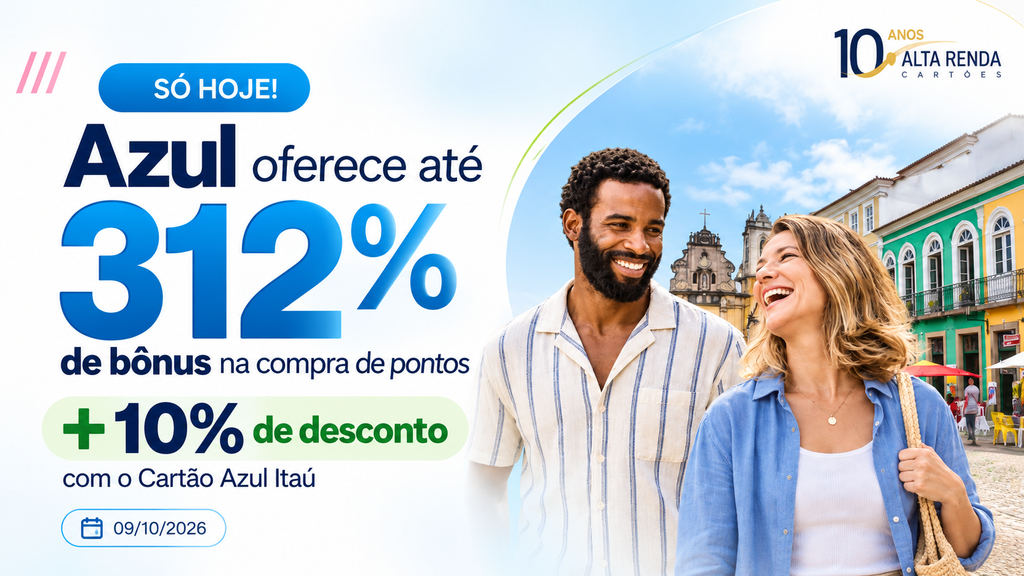A Azul Fidelidade abriu uma das promoções de compra de pontos mais agressivas do ano. Clientes elegíveis podem receber até 312% de bônus na compra, e quem paga com o Cartão Azul Itaú ainda garante 10% de desconto. A oferta termina hoje, 9 de outubro, às 23h59 no horário de Brasília, então hesitar tem um custo real.

A conta impressiona. Ao comprar 200 mil pontos, o total pode chegar a 824 mil pontos, e a faixa de 250% ainda entrega 700 mil. Para alcançar o percentual máximo é preciso ter Clube Azul ativo, ser titular do Cartão Azul Itaú e pagar com o próprio cartão.

Os pontos bônus caem em até 24 horas e valem por 24 meses. A pergunta que importa não é o tamanho do bônus, e sim o custo do milheiro e se você já tem um resgate em mente. Compare o preço em dinheiro da passagem com a emissão por pontos antes de fechar.