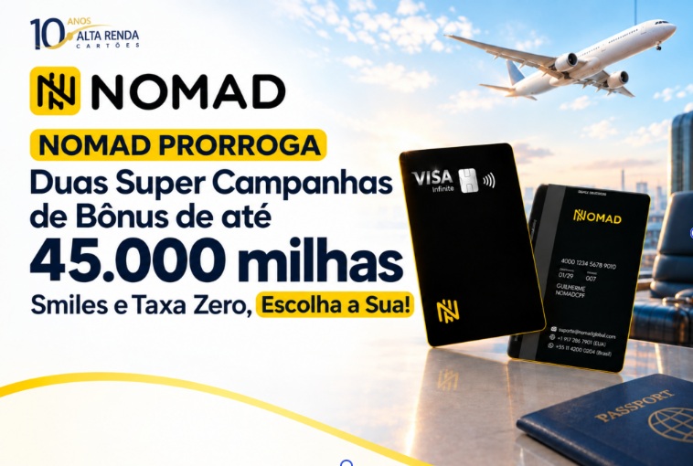 A Nomad, uma das principais contas internacionais em dólar para brasileiros, acaba de prorrogar duas das suas ofertas mais aguardadas para novos clientes. Quem abrir a conta até 30 de setembro de 2026 pode escolher entre acumular milhas Smiles na primeira operação de câmbio ou fazer a conversão sem taxa de serviço.

Com o cupom ALTARENDA48, o usuário acumula milhas Smiles conforme o primeiro câmbio feito no aplicativo. Já com o cupom ALTARENDAZERO, você elimina o spread da Nomad na primeira remessa e paga apenas a cotação do dólar comercial e o IOF correspondente.

O relógio está correndo. Baixe o app, abra a conta gratuita, insira o cupom da sua preferência e realize a primeira operação até 30 de setembro para garantir o melhor custo na hora de investir ou viajar em dólar.