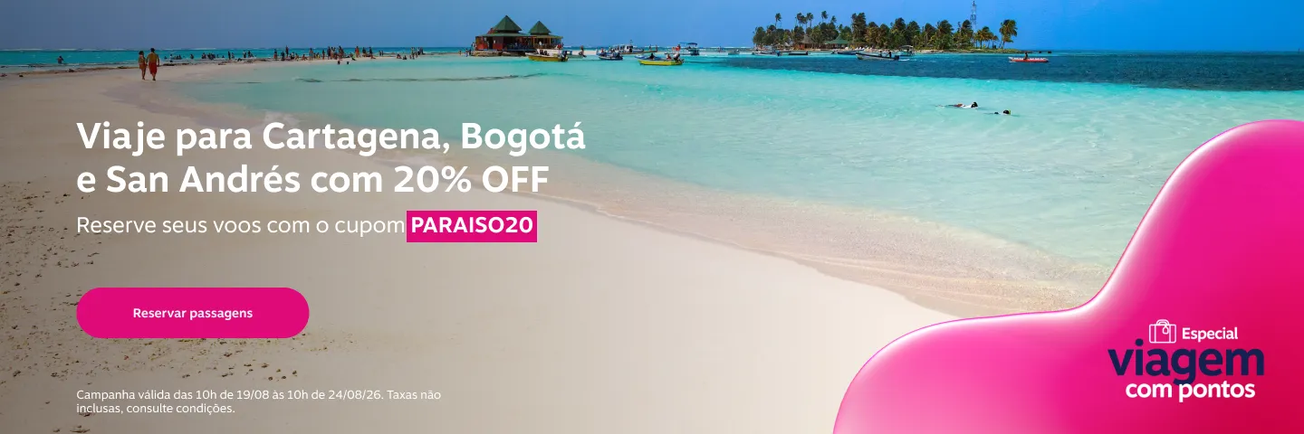 A Livelo está oferecendo 20% de desconto no resgate de passagens para a Colômbia. Com o cupom PARAISO20, você pode garantir voos para Cartagena, Bogotá e San Andrés até segunda-feira, 24, às 10h.

A oferta vale para emissões com pontos e também na opção Pontos + Dinheiro, mas fique atento: as taxas não entram no desconto e a promoção está sujeita à disponibilidade. É uma ótima chance de aproveitar seus pontos para explorar um dos destinos mais incríveis da América do Sul.

Para cuidar do seu orçamento na viagem, considere abrir uma conta Nomad com o código TWUSX2GB7T ou usar o Wise para pagamentos e câmbio no exterior.