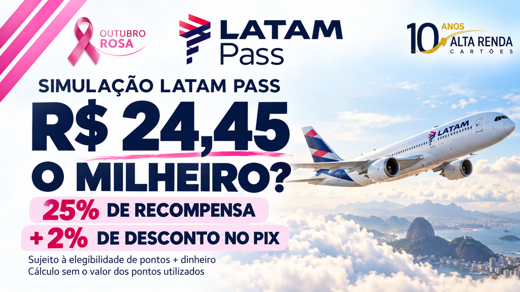 O LATAM Pass está com uma missão de transferência que pode derrubar o custo do milheiro para cerca de R$ 24,45, um valor que está chamando a atenção de quem voa e acumula milhas no Brasil. Combinando pontos Livelo mais dinheiro, desconto de 2% no Pix e 25% de recompensa, a conta fica bem mais interessante para quem já tem viagem planejada.

Mas atenção: os 25% dependem da elegibilidade da operação na missão, e o regulamento não confirma de forma clara que a modalidade pontos mais dinheiro participa da bonificação. Confirme a elegibilidade antes de pagar e compare o custo das milhas somado às taxas da passagem com o preço do bilhete em dinheiro.

Se você já tem um resgate em mente, essa combinação merece uma análise séria. Só faça as contas antes e trate o bônus como a parte incerta da operação.