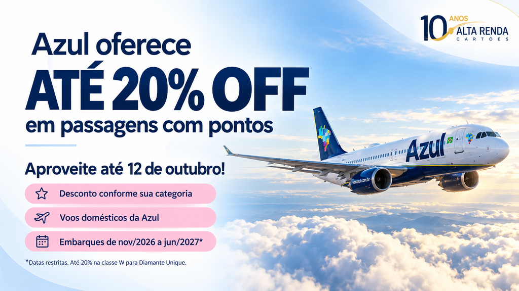 A Azul está oferecendo descontos de até 20% no resgate de passagens com pontos para voos domésticos. A promoção termina em 12 de outubro de 2026, às 23h59.

O percentual varia conforme a categoria do Azul Fidelidade, com Diamante Unique tendo o maior desconto na classe tarifária W. As viagens devem ocorrer entre 1º de novembro de 2026 e 30 de junho de 2027, respeitando as datas excluídas.

O benefício vale para uma única compra e não é cumulativo. Para quem tem pontos e flexibilidade, é uma chance de economizar em trechos elegíveis.