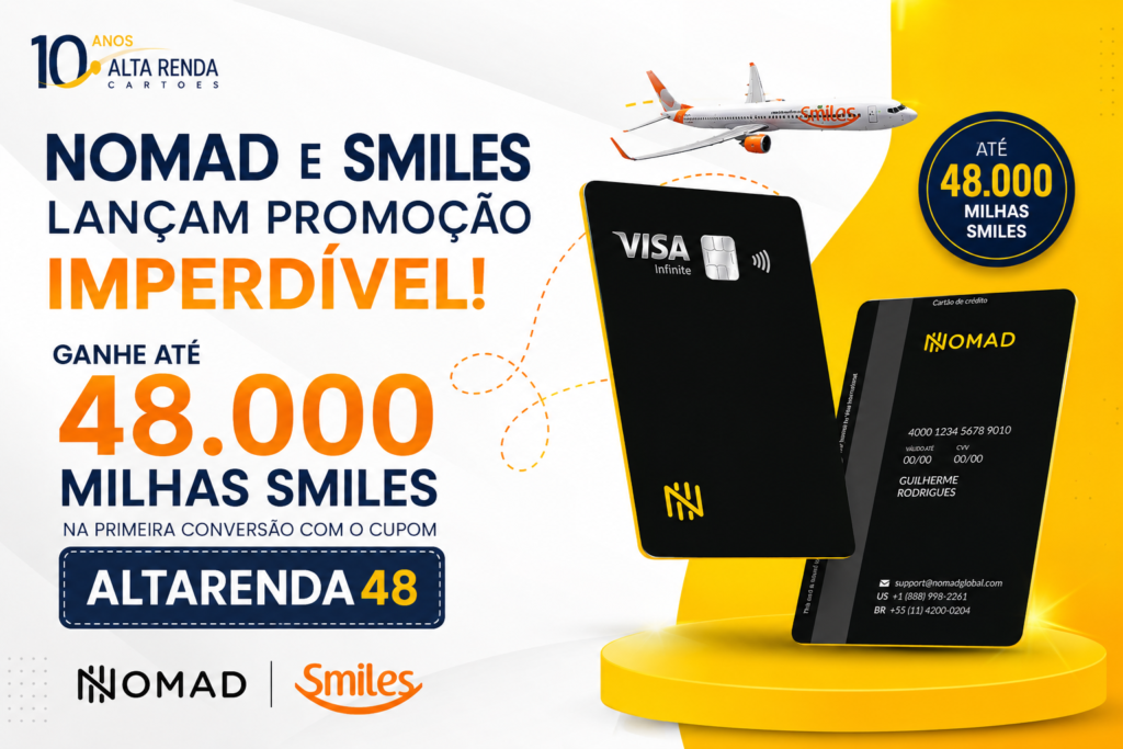 Prepare-se para turbinar a sua próxima viagem! Nomad e Smiles se uniram em uma campanha por tempo limitado que garante até 48.000 milhas Smiles para novos clientes Nomad na primeira conversão de moeda. Basta abrir sua conta internacional com o cupom ALTARENDA48 e converter pelo menos R$ 500 em dólares ou euros.

Todos podem acumular até 32.000 milhas, enquanto assinantes do Clube Smiles, Diamante e Magno podem chegar às 48.000 milhas. A oferta vale até 30/09/2026, então aproveite para fazer seu dinheiro render mais em viagens e ainda colecionar recompensas incríveis.