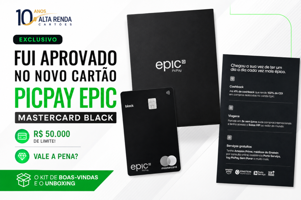 O PicPay acaba de agitar o mercado brasileiro de cartões premium com o lançamento do Epic Mastercard Black. Conseguimos a aprovação imediata com limite de R$ 50 mil e recebemos o elegante kit de boas-vindas all-black. O cartão oferece até 4% de cashback internacional, rendendo automaticamente 102% do CDI.

Além do cashback, o Epic Black inclui Amazon Prime grátis, telemedicina 24/7 com o Hospital Israelita Albert Einstein, assistência residencial Porto Serviço, duas tags PicPay Sem Parar, acesso ilimitado ao lounge Mastercard Black no Terminal 3 de Guarulhos e dois acessos anuais por meio da LoungeKey. Ainda há conta global gratuita em dólar e euro com spread zero e 10GB de eSIM internacional para viagens.

Os primeiros 12 meses são gratuitos e, depois, a mensalidade é isenta se você gastar R$ 5 mil por mês ou mantiver R$ 50 mil investidos no PicPay. É uma entrada agressiva no segmento de alta renda e uma ótima opção para quem busca benefícios e rentabilidade no dia a dia.