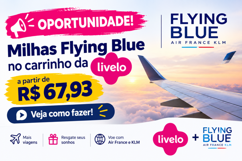 Acabou de aparecer uma oportunidade incrível para quem quer turbinar a reserva de milhas no Flying Blue. A Livelo está com bônus de 30% na transferência de pontos para o programa da Air France e KLM, e com a função "Pontos + Dinheiro" no carrinho dá para gerar milhas a partir de R$ 67,93 o milheiro.

Basta combinar 2.100 pontos Livelo com um valor em dinheiro no checkout: são 60.000 milhas base, mais 18.000 de bônus, totalizando 78.000 milhas Flying Blue. Pagando no PIX, você ainda ganha 5% de desconto; no cartão, dá para parcelar em até 6x sem juros.

A oferta vai até 21/08/2026 e o bônus vale por 24 meses. Se você planeja voar para Europa ou Ásia com Air France e KLM, essa é a hora de aproveitar.