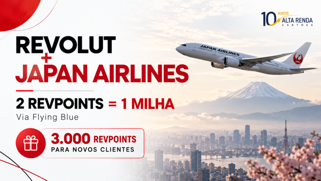 A Revolut acabou de abrir um novo caminho para o Japão para quem gosta de acumular milhas. Na área de recompensas do aplicativo, a Japan Airlines agora aparece com proporção de 2 RevPoints para 1 milha, transformando gastos do dia a dia em uma chance real de realizar a viagem dos sonhos para Tóquio, Osaka ou qualquer cidade atendida pela companhia.

Há um detalhe decisivo: o acesso é indireto, pelo Flying Blue, o programa de fidelidade da Air France-KLM. Seus RevPoints viram milhas Flying Blue e, a partir daí, você precisa caçar assentos da Japan Airlines para resgate, já que a JAL está entre as companhias parceiras disponíveis. Confira sempre a disponibilidade e o preço em milhas antes de transferir qualquer ponto.

A conta é simples, mas pede atenção: 3.000 RevPoints viram 1.500 milhas Flying Blue na paridade 2 para 1 exibida no app. Novos usuários da Revolut ainda podem conquistar 3.000 RevPoints ao abrir a conta, ativar o RevPoints e completar R$150 em compras elegíveis nos primeiros 60 dias. Se o Japão está no seu radar, essa é uma rota que vale estudar agora mesmo.