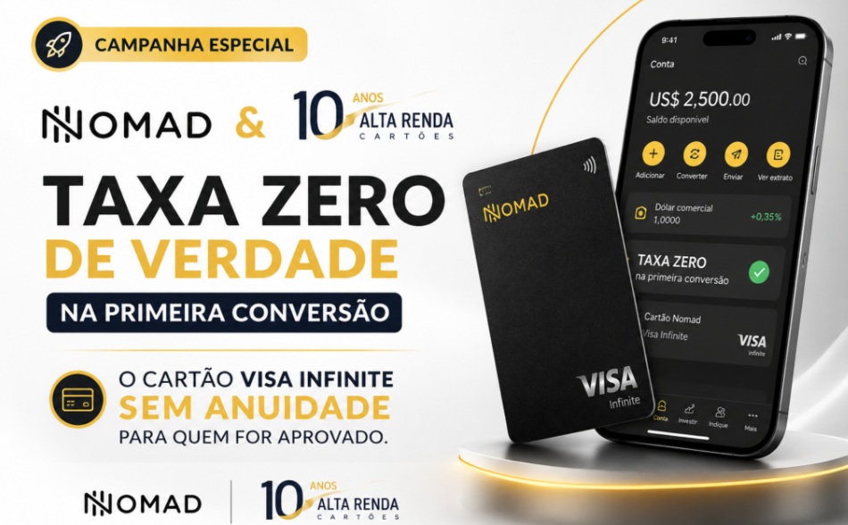 A Nomad acaba de anunciar uma das ofertas mais agressivas do ano para quem vive entre o Brasil e o exterior: taxa zero de verdade na primeira conversão internacional, com câmbio, IOF e spread aparecendo totalmente zerados direto na tela do aplicativo. Dessa vez não é cashback, o desconto aparece ali, na hora da conversão.

Novos clientes que abrirem a conta e fizerem a primeira conversão entre 100 e 2.000 dólares ou euros em até 15 dias após a aprovação garantem o benefício, e ainda podem ser aprovados para o cartão Nomad Visa Infinite, sem anuidade, com até 3 pontos por dólar gasto, pontos que nunca expiram, transferência para Smiles, Azul Fidelidade e Livelo e acesso ilimitado à Sala VIP Nomad no aeroporto de Guarulhos.

Quem quiser aproveitar pode abrir a conta internacional usando o código de convidado TWUSX2GB7T e viajar com muito menos atrito e muito mais valor.