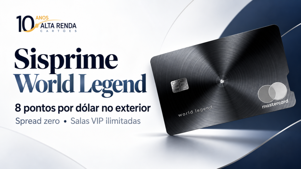 O Sisprime World Legend chegou ao Brasil com um pacote de benefícios pensado para quem viaja ao exterior com frequência. O novo cartão Mastercard combina 5 pontos por dólar em compras nacionais e 8 pontos por dólar em compras internacionais, além de spread cambial de 0%.

O titular tem acesso ilimitado a salas VIP pelas redes LoungeKey, Mastercard Airport Experiences, DragonPass e W Premium Lounge, com 8 acessos anuais para acompanhantes. A anuidade é de R$ 4.200, com desconto de até 100% conforme os gastos elegíveis, e três cartões adicionais gratuitos.

A emissão é voltada a clientes de alta renda, com R$ 3 milhões em investimentos, gastos habituais de R$ 40 mil na fatura e limite mínimo de R$ 100 mil. Para gastos no exterior, serviços como Nomad e Wise podem complementar os benefícios de viagem do cartão.