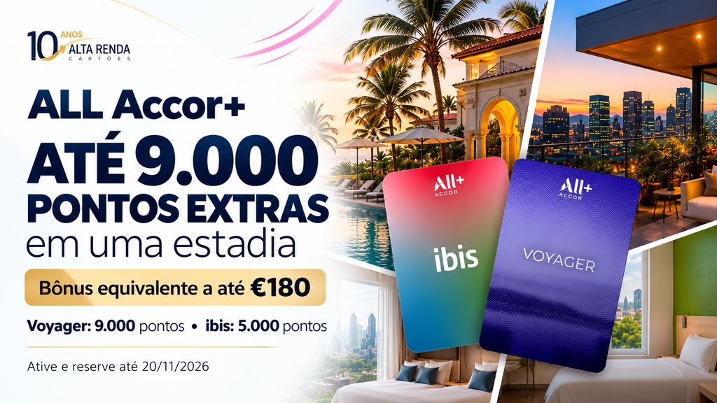 O ALL Accor+ lançou a campanha Mega Bonus, que pode adicionar até 9.000 pontos Reward extras a uma estadia elegível, um valor equivalente a até €180 para assinantes Voyager. O plano ibis oferece 5.000 pontos extras, cerca de €100, tornando esta uma oportunidade de destaque para quem se hospeda com frequência.

A chave está no timing: ative a oferta antes de reservar, faça a reserva até 20 de novembro de 2026 e conclua a estadia até 22 de janeiro de 2027 pelos canais oficiais da Accor. Não é permitido pagar a hospedagem com pontos, reservas de grupo ficam de fora e o bônus é concedido uma única vez por assinante, então vale conferir as regras para garantir o benefício completo.