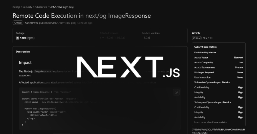 Uma vulnerabilidade crítica no Next.js, catalogada como CVE-2026-94545 com nota CVSS 9.5, permite que atacantes executem código no servidor por meio do ImageResponse, o recurso que gera imagens de Open Graph e outras prévias sociais. O problema surge quando uma aplicação injeta valores controlados pelo atacante, como texto lido da URL da requisição, no layout da imagem. O Satori, biblioteca que converte esse layout em SVG antes de gerar o PNG final, não escapava certos valores, então uma string construída com cuidado podia ser interpretada como código SVG em vez de texto puro.

A falha atinge o Next.js 16.2.0 até 16.3.5 quando o ImageResponse roda no runtime Node.js, que é o padrão. A versão Edge não é afetada, e o Next.js 15 também não. A Vercel corrigiu em 22 de setembro na versão 16.3.6, e a linha 15.5 ganhou reforço extra de segurança na 15.5.26. Quem usa o Satori direto deve atualizar para 0.33.5.

Ainda não há relatos públicos de ataques nem código de exploração divulgado, mas a janela é concreta: as versões vulneráveis saem desde março. Se a atualização completa precisar esperar, mantenha qualquer valor controlado pelo usuário fora do conteúdo, dos atributos e dos estilos SVG renderizados pelo ImageResponse no Node.js, e confira a versão na mão em vez de confiar no npm audit, que não sinalizou a release vulnerável 16.3.5. Travar uma stack moderna fica bem mais fácil quando o tráfego e as conexões do time seguem criptografados, e uma VPN confiável conquista seu espaço nessa configuração.