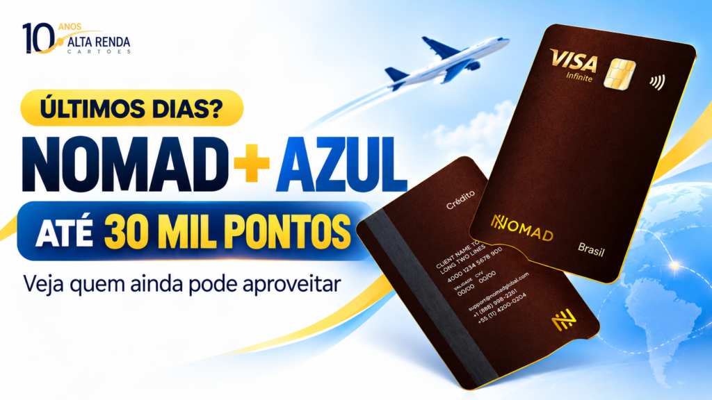 Faltam poucos dias para garantir até 30 mil pontos Azul Fidelidade com a conta internacional Nomad. A campanha vai até 30 de setembro de 2026, e o cupom RENDA30CLUBE permite que novos clientes ganhem pontos após abrirem a conta e converterem pelo menos R$ 500 em dólares ou euros.

O bônus varia conforme sua categoria no Azul Fidelidade e a assinatura do Clube Azul. Clientes Diamante Unique com Clube Azul podem chegar a 30 mil pontos, enquanto outras categorias recebem de 3 mil a 22,5 mil pontos. Após a aprovação da conta, a conversão deve ser feita em até 15 dias.

A oferta também destaca o cartão Nomad Explorer Visa Infinite, com promessa de anuidade zero e até 3 pontos por dólar gasto, além de acesso ao Nomad Lounge em Guarulhos. Confira o cupom no aplicativo antes de se cadastrar e guarde o comprovante.