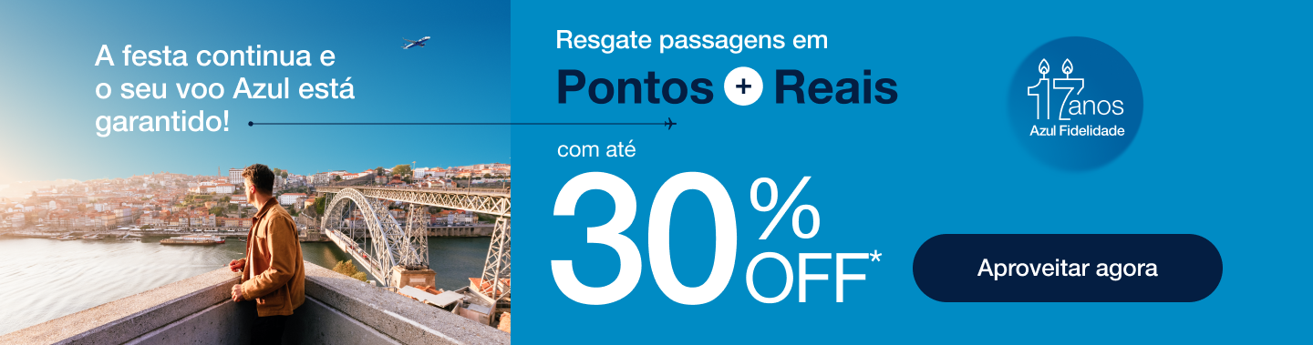 O Azul Fidelidade acaba de lançar uma promoção imperdível: até 30% de desconto em passagens nacionais na modalidade Pontos + Reais. O abatimento varia de acordo com o nível do cliente, com Diamante Unique garantindo o maior desconto na tarifa W e os demais níveis também tendo benefícios.

As emissões podem ser feitas até 30 de agosto, com voos entre 1º de setembro e 30 de novembro de 2026. O desconto vale sobre a parte paga em reais, não sobre os pontos, e não exige cupom. Aproveite antes que a campanha termine.