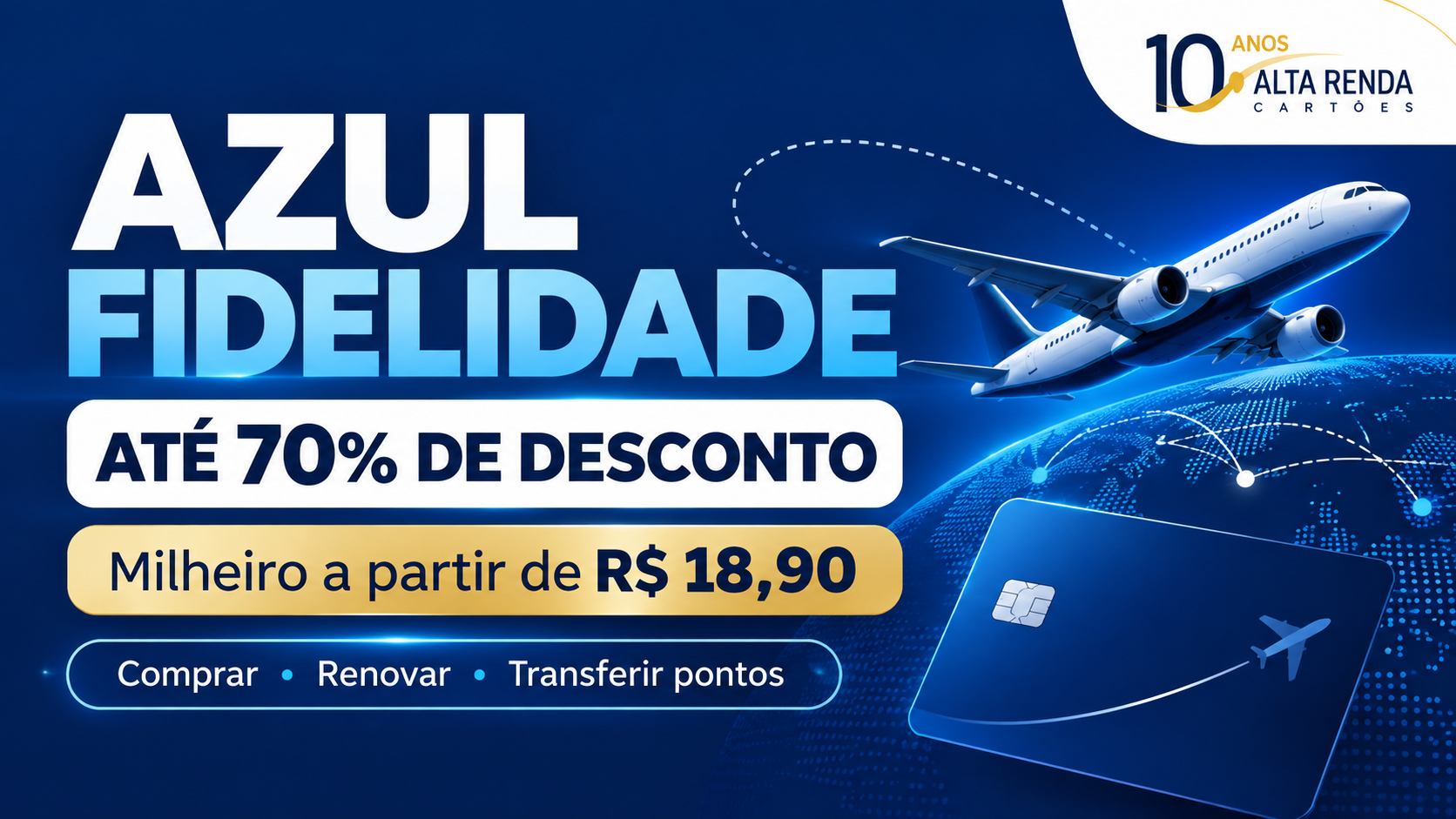 A Azul Fidelidade lançou três promoções simultâneas para comprar, renovar ou transferir pontos com descontos de até 70% até 27 de setembro de 2026, às 23h59 no horário de Brasília. A oferta principal reduz em até 70% o preço da compra de pontos, e o milheiro pode sair por apenas R$ 18,90 para membros elegíveis do Clube Azul que pagarem com o cartão Azul Itaú.

A campanha também oferece 65% de desconto para renovar pontos expirados e 70% de desconto na taxa de transferência entre contas Azul Fidelidade. Há limites: 2 milhões de pontos comprados com desconto por CPF, 100 mil pontos transferidos por CPF, e os pontos adquiridos não são qualificáveis para categoria.

É uma oportunidade rara de turbinar o saldo pagando uma fração do preço normal, mas vale comparar o custo em pontos com o valor da passagem em dinheiro antes de comprar. As ofertas terminam em 27 de setembro ou enquanto durarem as condições promocionais.