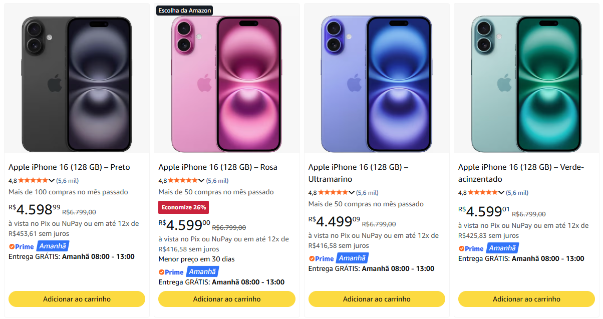 O iPhone 16 da Apple ficou muito mais tentador. O modelo de 128 GB está saindo por apenas R$ 4.499 no Pix na Amazon, uma queda impressionante de 42% em relação ao preço original de R$ 7.799.

O conjunto segue poderoso: tela LTPO Super Retina XDR OLED de 6,1 polegadas com brilho de até 2.000 nits, chip A18 com 8 GB de RAM e câmera wide de 48 MP com estabilização óptica, acompanhada de uma ultrawide de 12 MP. Todas filmam em 4K.

Some vidro Ceramic Shield, proteção IP68, bateria de 3.561 mAh com MagSafe e carregamento rápido de 25 W via USB-C, além de 5G, Wi-Fi 7, Bluetooth 5.3 e NFC, e o resultado é muito celular pelo preço. Ele já roda o iOS 26 e deve receber anos de atualizações, o que torna essa oferta difícil de ignorar.