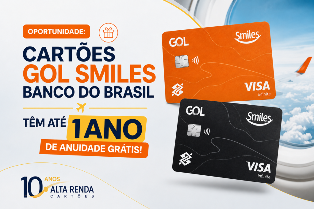 Smiles e Banco do Brasil lançaram uma promoção imperdível para os cartões GOL Smiles Visa Platinum e Visa Infinite: 3 meses de anuidade zero garantidos, com possibilidade de estender para 12 meses ao atingir a meta de gastos nos primeiros três meses.

O Visa Infinite oferece acesso ilimitado às salas VIP GOL Smiles, primeira bagagem grátis, embarque prioritário e parcelamento exclusivo de passagens. As metas são R$ 4.000 no Platinum e R$ 8.000 no Infinite, sem cobrança retroativa se você não atingir o valor.

As solicitações podem ser feitas entre 3 de agosto e 30 de setembro de 2026. Perfeito para quem viaja com frequência e quer acumular milhas com vantagens extras.