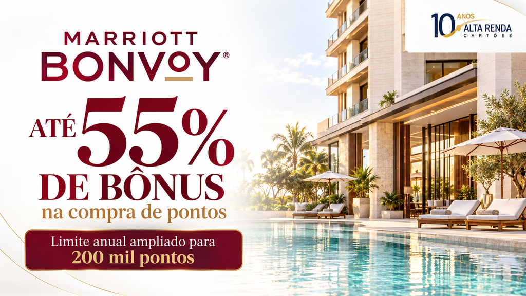 O Marriott Bonvoy elevou o jogo: membros selecionados agora podem ganhar até 55% de pontos bônus ao comprar ou presentear pontos, e o limite anual de compra saltou de 150 mil para impressionantes 200 mil pontos. Na prática, uma compra no teto com o bônus máximo pode render nada menos que 310 mil pontos na conta.

A conta é o verdadeiro destaque. Com a tarifa divulgada de US$ 12,50 por 1.000 pontos, o bônus máximo de 55% derruba o custo efetivo para cerca de US$ 8,06 por 1.000 pontos recebidos. Comprando 100.000 pontos por US$ 1.250, você recebe 155.000 pontos, uma condição feita para quem já está montando um resgate específico.

Mas atenção: nada disso é dinheiro de graça. A oferta vale até 23 de novembro de 2026, é exclusiva para destinatários selecionados, os pontos caem em até 72 horas, não contam para status Elite e a compra não tem reembolso, sendo cobrada em dólar, o que faz câmbio e encargos do cartão pesarem no valor final. O caminho inteligente é comparar o custo dos pontos com a diária em dinheiro de uma hospedagem que você realmente pretende usar. Se a cobrança é em dólar ou a viagem é internacional, contar com uma conta multimoeda como a Nomad ou um serviço de conversão como a Wise ajuda a reduzir o impacto do câmbio.