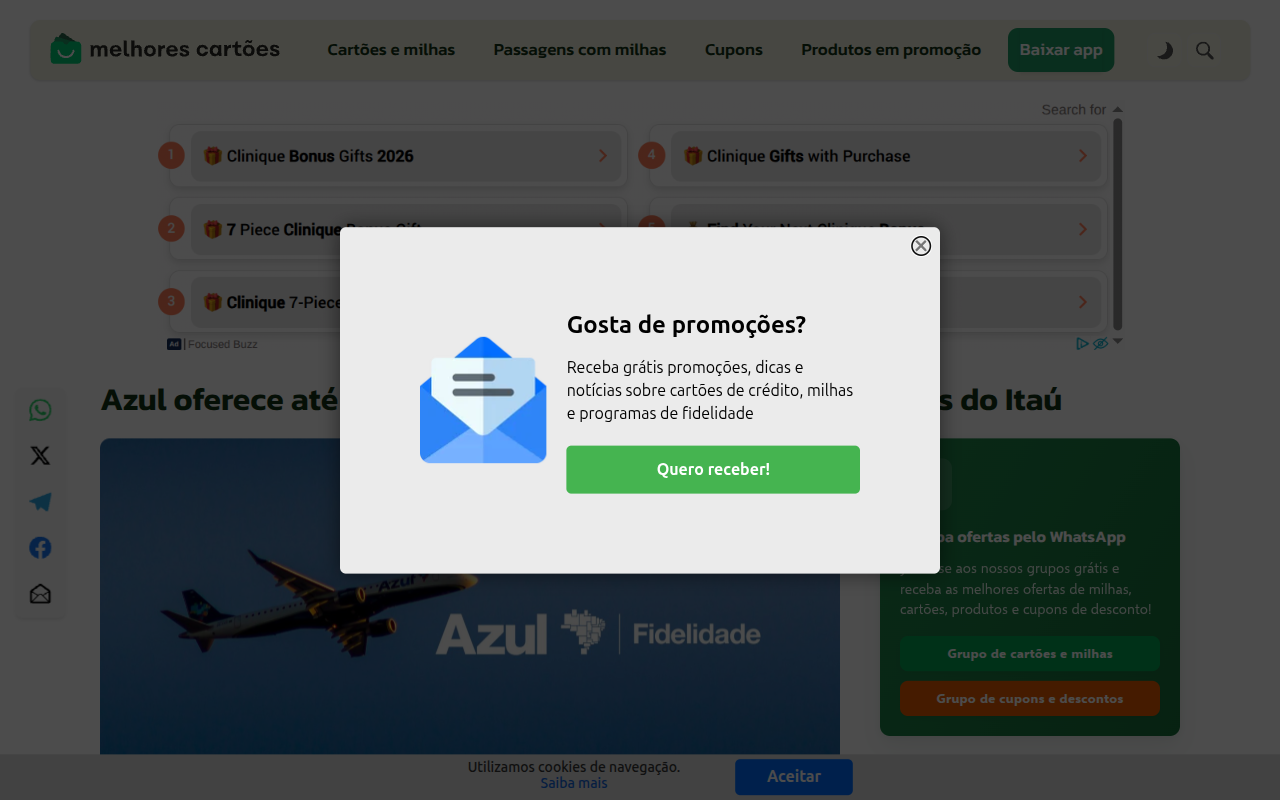 Azul Fidelidade acaba de lançar uma oferta por tempo limitado com até 110% de bônus na transferência de pontos dos cartões Itaú. A campanha termina amanhã, 16 de setembro, e não é necessário fazer cadastro prévio para participar.

O bônus inclui um adicional de até 30% conforme o tempo de clube Azul, enquanto o bônus padrão é limitado a 300.000 pontos por CPF. Os pontos são creditados em até 15 dias úteis e têm validade de 6 meses. Se você esperava uma boa oportunidade de transferência, essa é a hora de mover seus pontos.