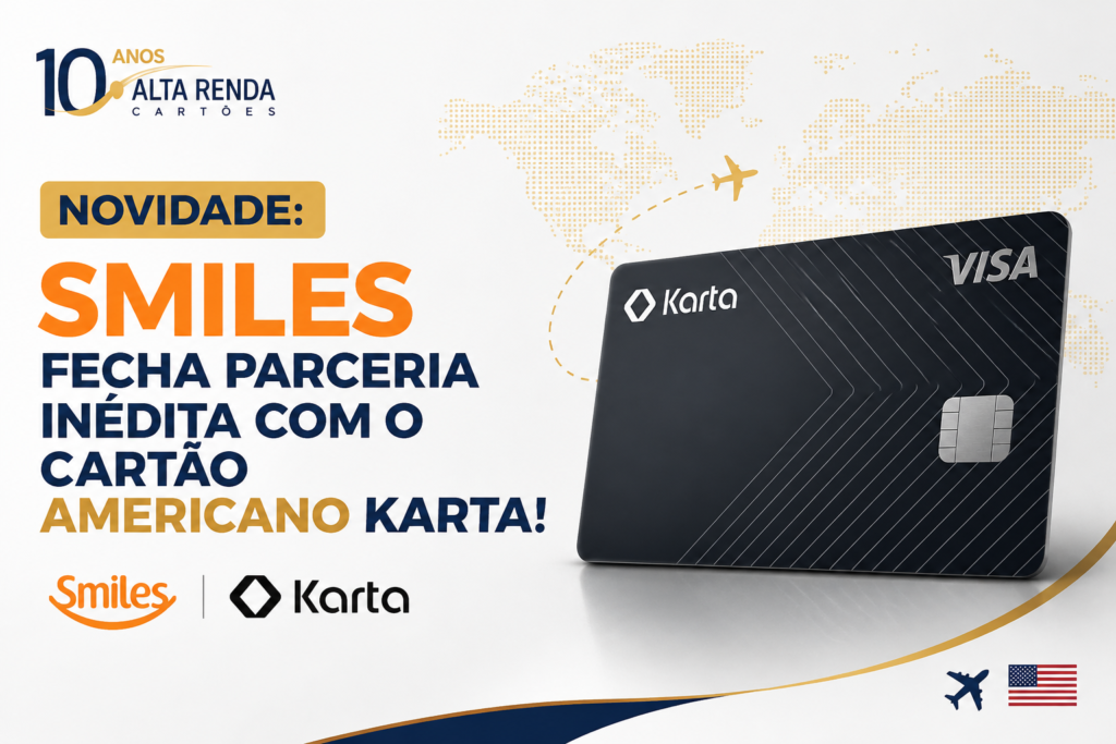 A Smiles acaba de anunciar uma parceria inédita com a Karta, o cartão americano criado para brasileiros. Agora você pode transferir pontos Karta para o programa de fidelidade da GOL na proporção de 1 para 1 — cada ponto vira uma milha Smiles.

Além disso, a Karta permite construir histórico de crédito nos EUA sem precisar de SSN ou ITIN, sem taxas de transação internacional e ainda oferece acesso a salas VIP via Priority Pass. É uma combinação poderosa para quem viaja ou quer acelerar o acúmulo de milhas.