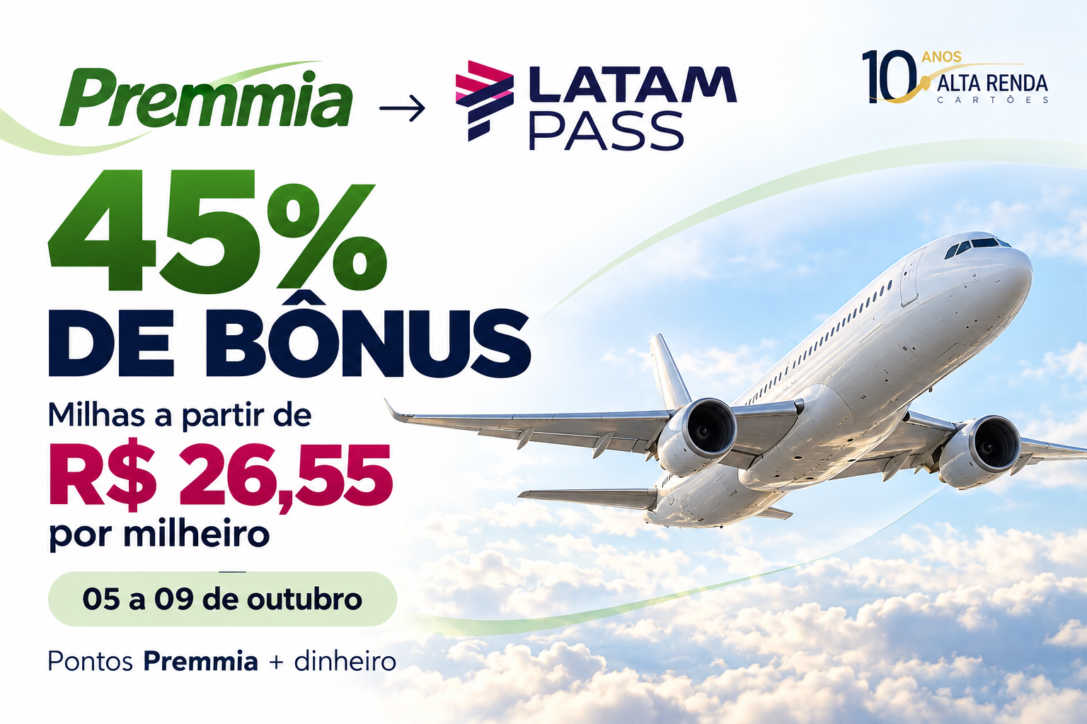 Quem tem pontos Premmia tem uma janela limitada para turbinar o saldo no LATAM Pass. Entre 5 e 9 de outubro de 2026, o aplicativo Premmia oferece 45% de bônus na transferência para o LATAM Pass, com custo efetivo a partir de R$ 26,55 por milheiro no maior pacote.

A promoção combina pontos Premmia e dinheiro, e o pacote maior apresenta o menor custo em dinheiro por milheiro na simulação. As milhas-base têm crédito previsto em até dois dias úteis e validade de 36 meses, mas não contam para subir de categoria.

Confira elegibilidade e preço final no aplicativo antes de concluir a operação. A oferta exige maiores de 18 anos, contas nos dois programas na mesma titularidade, e cada oferta pode ser adquirida até dez vezes por CPF por mês. As campanhas não são cumulativas com outras bonificações, inclusive do Clube LATAM Pass.