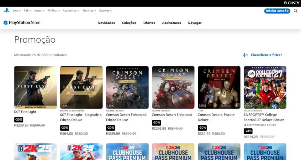 A PlayStation Store deu início à sua promoção da Gamescom 2026, com descontos de até 75% em uma seleção recheada de jogos para PS4 e PS5. A oferta vai até 9 de setembro e inclui pesos pesados como Assassin's Creed Shadows, Resident Evil Requiem Deluxe Edition, Clair Obscur: Expedition 33, Crimson Desert Enhanced e 007 First Light.

Se você esperava o momento certo para turbinar sua biblioteca, chegou. Acesse a PlayStation Store e confira a lista completa antes que as ofertas acabem.