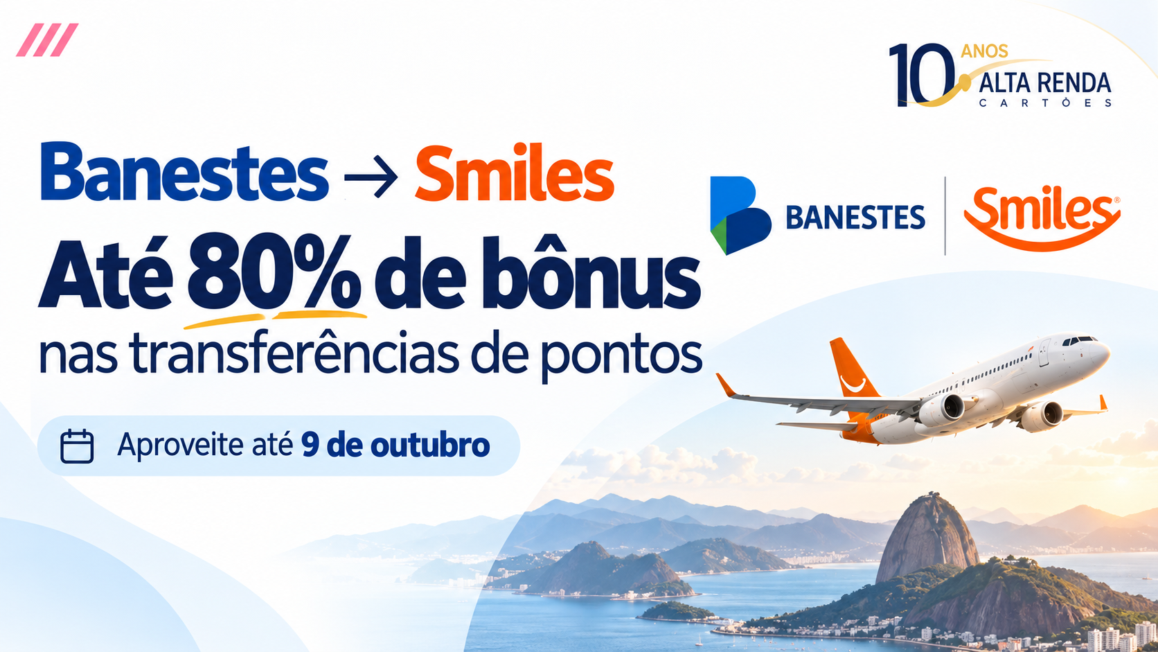 Clientes Banestes acabam de ganhar um atalho e tanto para engordar o estoque de milhas. A campanha de aniversario do banco oferece ate 80% de bonus na transferencia de pontos para a Smiles, mas o prazo e curto: cadastro e transferencia precisam acontecer entre as 10h de 8 de outubro e as 23h59 de 9 de outubro de 2026, no horario de Brasilia.

A regra e clara. Assinantes do Clube Smiles e clientes Diamante ou Magno levam os 80% completos, enquanto os demais ficam com 50%. O Clube precisa estar ativo antes da transferencia, o minimo e de 6.000 pontos e o bonus e limitado a 300.000 milhas por CPF ou Conta Familia.

As milhas bonus caem ate 26 de outubro de 2026 e valem por 12 meses. A jogada inteligente e escolher primeiro a passagem que voce realmente quer, comparar o custo em milhas com o preco em dinheiro e correr antes que a janela feche.