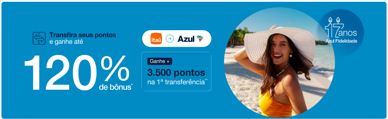 O Azul Fidelidade turbinou as transferências de pontos com uma oferta imperdível. Quem transferir pontos do Itaú ou Porto Bank pode garantir até 90% de bônus, além de até 30% extra dependendo do tempo de assinatura do Clube Azul, chegando a até 120% de milhas bônus.

As transferências do Itaú valem até quarta-feira (19), enquanto as do Porto Bank devem ser feitas hoje (17). Quem fizer a primeira transferência ainda ganha 3.500 pontos extras, tornando essa uma das promoções mais vantajosas do momento.