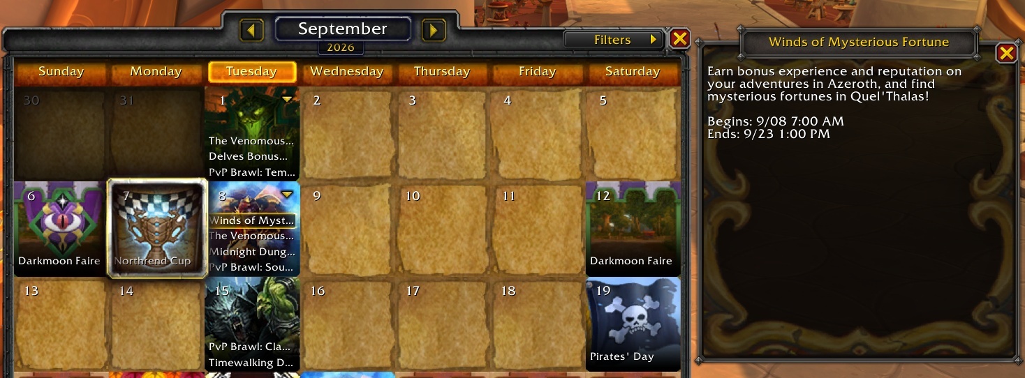 Jogadores de World of Warcraft podem ter um bom motivo para entrar no jogo amanhã, já que novas pistas apontam para uma surpresa: o evento Ventos da Fortuna Misteriosa. A especulação vem de dados recentes no PTR, indicando que a Blizzard pode ativar uma celebração inesperada a qualquer momento.

Se o evento surpresa acontecer, espere recompensas por tempo limitado e muita diversão com os misteriosos ventos. Fique de olho nos canais oficiais e se prepare para agir assim que as primeiras rajadas chegarem.