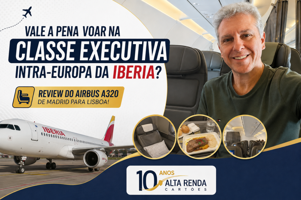 Voar de classe executiva na Europa não é ter cama deitada. No Airbus A320 da Iberia, entre Madrid e Lisboa, você ocupa o mesmo assento da econômica, mas com a poltrona do meio bloqueada, mais espaço para as pernas, Wi-Fi grátis e serviço de bordo completo. Testamos o voo de 1h25 e a experiência surpreendeu.

A melhor parte? O custo-benefício. Com Avios, dá para emitir a executiva a partir de 11.500 milhas, pouca coisa acima da econômica. Com acesso a sala VIP, embarque prioritário e refeição incluída, é uma das formas mais inteligentes de usar suas milhas em voos curtos pela Europa.
