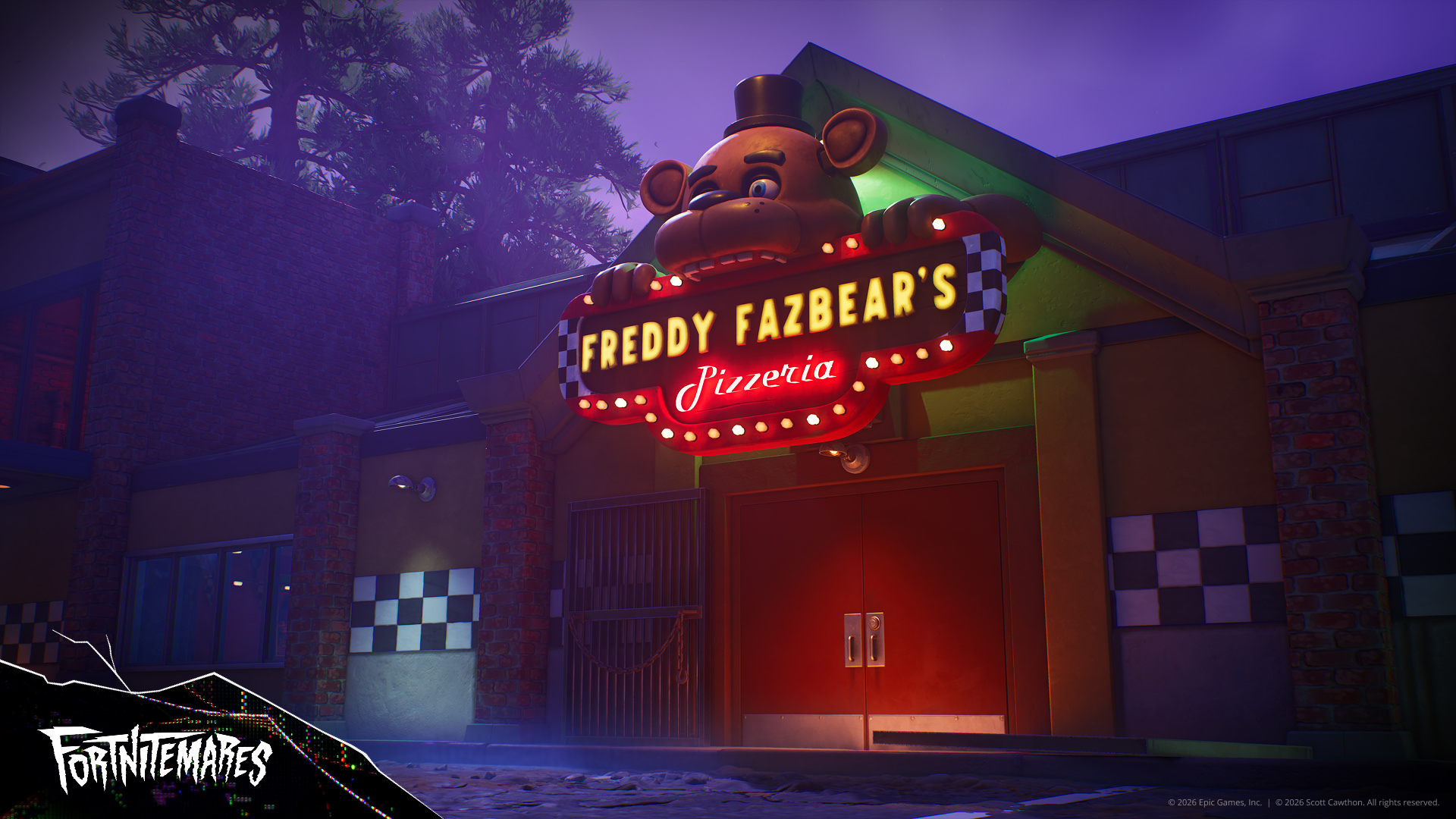 O Fortnitemares 2026 acabou de entregar o crossover que ninguém esperava. A Epic Games trouxe o time de Five Nights at Freddy's direto para o battle royale, e Freddy, Chica, Bonnie e Foxy agora circulam pela ilha com novas skins e uma pizzaria totalmente explorável.

A famigerada Pizzaria do Freddy Fazbear fica no lado norte do mapa, logo ao sul da ilha em formato de Pac-Man, na estrada asfaltada que corre de oeste para leste. Entre no local e os animatrônicos vão te caçar assim que te avistarem, transformando uma simples parada em um encontro de terror de verdade.

Derrote todos eles e você pode ser possuído pela roupa, usando o traje como seu até a sua vida acabar. É uma fusão brilhante de survival horror com a energia caótica do battle royale, provando que os melhores crossovers nascem de apostas criativas ousadas, e não de branding corporativo seguro.