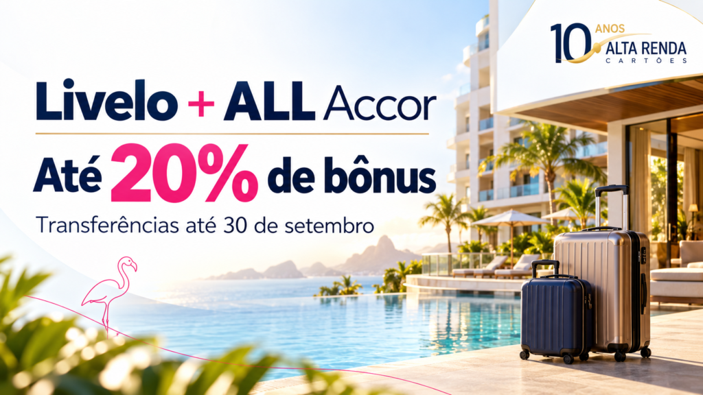 Chegou mais uma edição da campanha Transferiu, Ganhou, e é uma janela e tanto para quem tem pontos Livelo e já planeja uma hospedagem. De 28 a 30 de setembro de 2026, as transferências para o ALL Accor podem render 10% de bônus para participantes elegíveis e mais 10% para assinantes ativos do ALL Signature, chegando a 20% no total.

A paridade atual é de 3,5 pontos Livelo para cada 1 ponto Reward, com transferência mínima de 7.000 pontos Livelo. A oferta permite apenas uma transação bonificada por CPF, então o ideal é calcular o volume desejado antes de confirmar a operação.

O prazo vai até 23h59 de 30 de setembro de 2026, no horário de Brasília. Confira se as contas Livelo e ALL Accor estão ativas e vinculadas ao mesmo CPF, e verifique a regularidade da sua assinatura ALL Signature antes de transferir se quiser o bônus máximo.