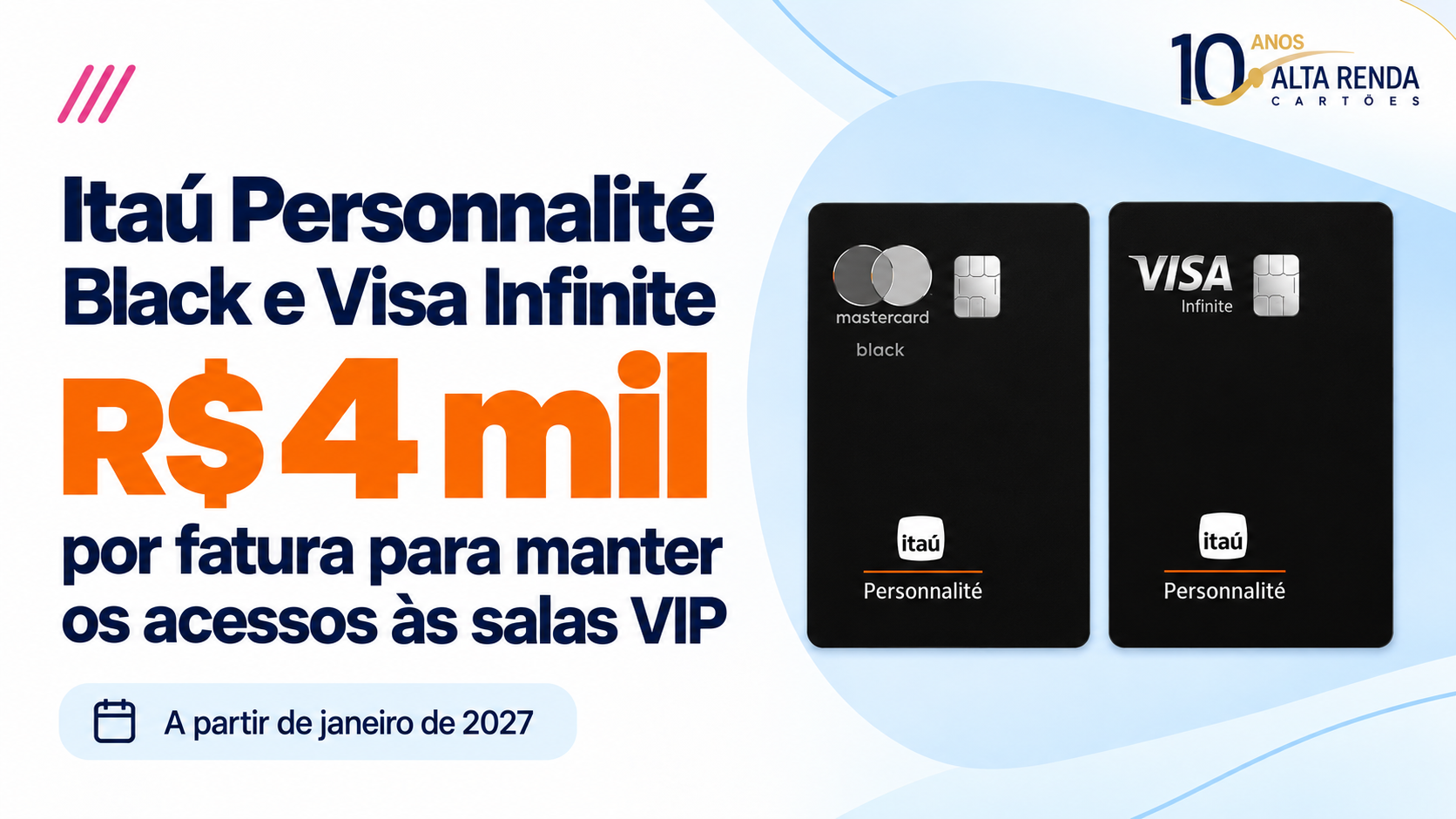 A partir de janeiro de 2027, clientes dos cartões Itaú Personnalité Mastercard Black e Visa Infinite podem precisar gastar pelo menos R$ 4 mil por fatura para manter o acesso gratuito às salas VIP, segundo informações divulgadas pelo Alta Renda Blog. O aviso indica dois acessos gratuitos por ano quando a exigência de gastos é cumprida, transformando um benefício de viagem muito valorizado em vantagem condicional.

A mudança afeta os dois cartões de formas diferentes: o Mastercard Black usa a rede LoungeKey, enquanto o Visa Infinite usa o DragonPass pelo Visa Airport Companion. Ainda faltam detalhes sobre qual fatura será considerada, como compras de cartões adicionais entram na conta, quando o benefício será bloqueado ou restabelecido e quais versões do Black serão abrangidas.

Para quem usa o Personnalité como cartão secundário e aproveita as salas em viagens pontuais, a nova regra pesa. Antes da próxima viagem, vale conferir as condições e recalcular se o benefício ainda compensa.