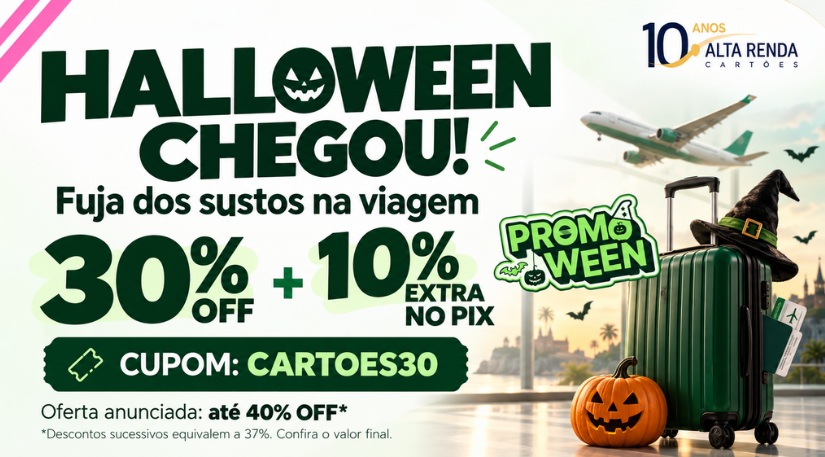 O Halloween chegou, mas os sustos devem ficar só na festa. A Seguros Promo está oferecendo 30% de desconto no seguro viagem com o cupom CARTOES30, mais 10% de desconto adicional no pagamento via Pix.

A promoção anuncia economia de até 40%, mas os descontos aplicados em sequência resultam em uma redução efetiva de cerca de 37% sobre o plano. O viajante pode comparar coberturas para despesas médicas, problemas com bagagem e outros imprevistos antes de escolher.

Para participar, informe o destino e as datas da viagem, compare os planos, aplique o cupom e selecione o Pix no pagamento. A oferta está sujeita às condições da campanha e à validação do cupom.