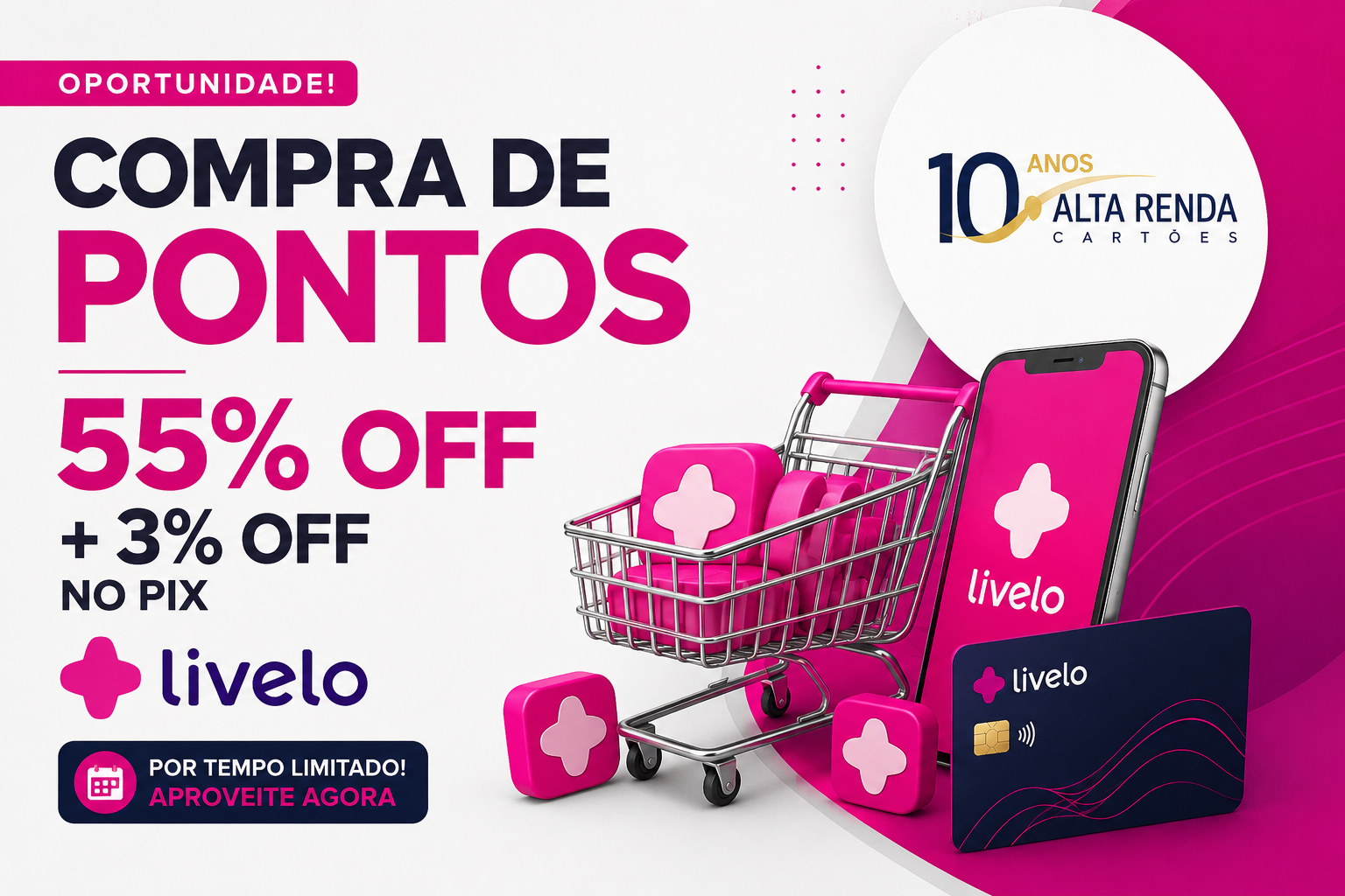 Acabou de começar uma oferta relâmpago da Livelo para assinantes do Clube Livelo: compre pontos com até 55% de desconto usando o cupom COMPRA55 e ganhe ainda 3% OFF extra pagando com Pix. A promoção vai do dia 28 de agosto às 10h até 30 de agosto às 23h59, no horário de Brasília.

Você pode comprar até 150 mil pontos por CPF em um período de 30 dias, e os pontos não expiram enquanto a assinatura do Clube Livelo estiver ativa. O crédito é feito em até 2 dias úteis após a confirmação do pagamento. Se você tem uma emissão em mente, essa é uma ótima chance de turbinar o saldo pagando menos.