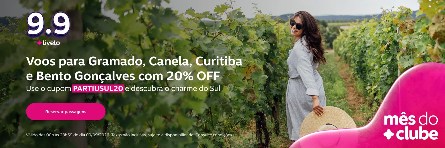 Se você quer viajar para o Sul do Brasil, hoje é o dia. A Livelo está com uma oferta relâmpago: 20% de desconto na emissão de passagens para destinos como Gramado, Canela, Curitiba e Bento Gonçalves, usando o cupom PARTIUSUL20. O abatimento vale tanto para emissão por pontos quanto no modelo Pontos + Dinheiro, mas fique atento: a campanha é válida apenas nesta quarta-feira e sujeita a disponibilidade.

Além disso, quem pensa em assinar o Clube Livelo Top também tem um motivo para agir agora. A assinatura está oferecendo até 385 mil pontos distribuídos em 12 meses, com CPM a partir de R$ 22,43, também somente para esta quarta. Uma chance prática de turbinar o saldo de pontos para novas viagens.