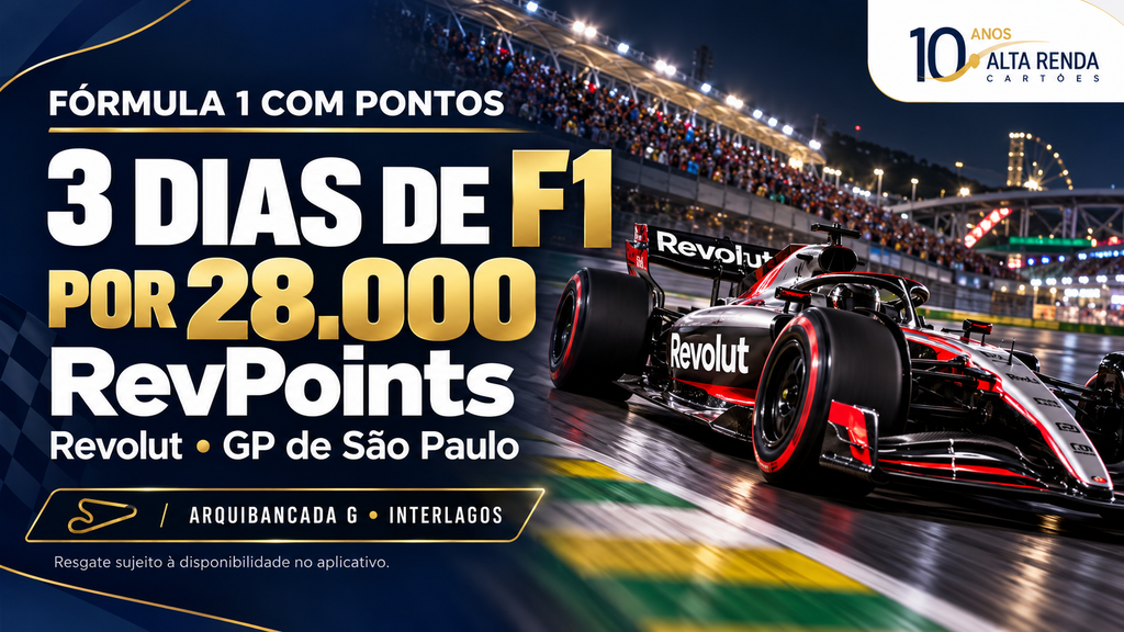 A Revolut transformou saldo de fidelidade em arquibancada. O banco digital passou a permitir o resgate de 28.000 RevPoints por um ingresso de três dias para o GP de São Paulo, em Interlagos, válido para todo o fim de semana de corrida entre 6 e 8 de novembro de 2026, no setor Arquibancada G, perto do fim da reta oposta.

A oferta já aparece dentro do aplicativo, na área do RevPoints, com assentos reservados, comidas e bebidas nas proximidades e telões como parte da experiência. É possível selecionar até dois ingressos por pedido, com entrega por e-mail até 5 de novembro, e todo resgate é definitivo, sem troca ou reembolso, então vale conferir os termos antes de confirmar.

Quem ainda não tem conta ganha um empurrão: a campanha de 26 a 31 de outubro distribui até 5.000 RevPoints para um pagamento de no mínimo R$ 150 mais um câmbio de US$ 500 ou equivalente. É a prova de que programas de pontos viraram passaporte para experiências reais, e não apenas contadores de milhas, com o bônus de ver Gabriel Bortoleto correr em casa pela Audi Revolut F1 Team.