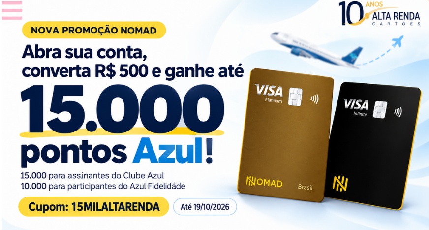 A Nomad lançou uma promoção com o Azul Fidelidade para quem abrir uma conta internacional e converter pelo menos R$ 500 em dólares ou euros. O bônus é de 10.000 pontos Azul para participantes do Azul Fidelidade e 15.000 pontos para assinantes do Clube Azul, uma oportunidade e tanto para quem quer viajar mais.

Para participar, abra sua conta Nomad pelo link da campanha até 19 de outubro de 2026 e faça a conversão elegível em até 15 dias após a aprovação da conta. Os pontos são creditados em até 30 dias úteis após a validação, e é obrigatório usar o mesmo CPF no Nomad e no Azul Fidelidade.