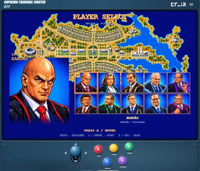 Ministros do Supremo Tribunal Federal (STF) viraram lutadores em um game gerado por inteligência artificial chamado Supremo Tribunal Fighter. O projeto é uma paródia de Street Fighter, com combates em frente ao prédio do STF, em Brasília, e arenas inspiradas no universo jurídico e político.

A criação faz parte de um desafio pessoal de um especialista em IA, que decidiu desenvolver um projeto com inteligência artificial por dia durante setembro. Ferramentas generativas cuidaram das imagens, vozes, músicas, efeitos sonoros e até de partes da programação, mostrando como a IA pode transformar ideias inusitadas em protótipos jogáveis rapidamente.