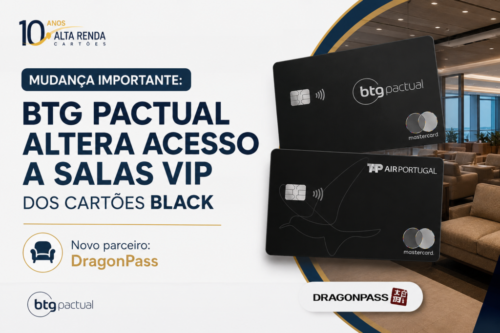 O BTG Pactual acabou de turbinar os cartões Black. O acesso às salas VIP agora é via DragonPass, substituindo o LoungeKey, com 4 acessos gratuitos por ano para o titular e compartilhados com os adicionais.

A novidade vale para o BTG Mastercard Black e o TAP Mastercard Black. O TAP ainda oferece até 45 mil milhas de bônus e até 4 milhas por dólar. Quem viaja para o exterior pode usar Nomad e Wise para economizar no IOF. Use o código TWUSX2GB7T no Nomad e aproveite benefícios exclusivos.