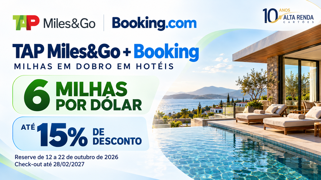 O TAP Miles&Go está comemorando 8 anos com uma promoção imperdível: reserve um hotel pelo Booking.com entre 12 e 22 de outubro de 2026 e ganhe 6 milhas por dólar gasto, o dobro das 3 milhas habituais. É um baita impulso para sua conta de milhas.

A oferta vale para hospedagens com check-out até 28 de fevereiro de 2027 e inclui até 15% de desconto em hotéis selecionados. Você ainda pode combinar com os benefícios Genius da Booking.com. Só não esqueça de informar seu número TAP Miles&Go na reserva.

Com limite de 30.000 milhas por estadia, essa é a chance de transformar gastos com hotéis em passagens aéreas. Corra: as reservas devem ser feitas até 22 de outubro de 2026.