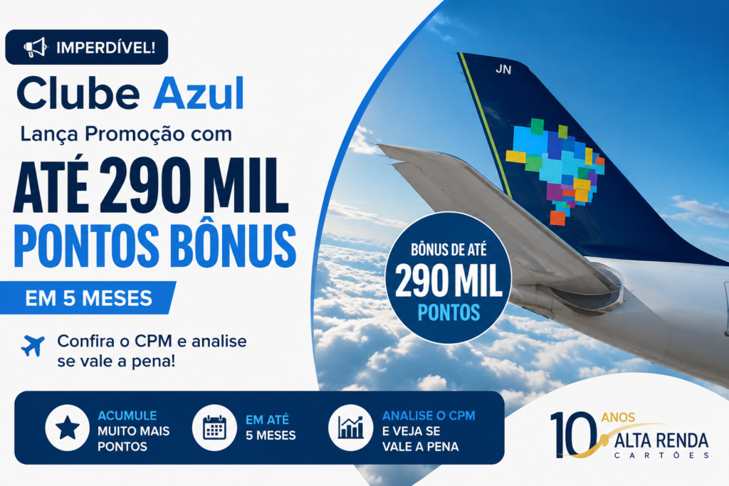 O Clube Azul acaba de lançar uma oferta por tempo limitado para novas adesões mensais, com bônus de até 190% nos pontos. Dependendo do plano, você pode acumular até 290 mil pontos bônus nos primeiros cinco meses, além de garantir benefícios de status como bagagem despachada grátis e acesso a salas VIP nos planos mais altos.

Analisamos o custo por mil pontos (CPM) de cada plano, incluindo o desconto extra de 10% para clientes do Cartão Azul Itaú. Com CPM a partir de R$ 12,71, essa é uma das melhores oportunidades do programa para turbinar a sua próxima viagem.