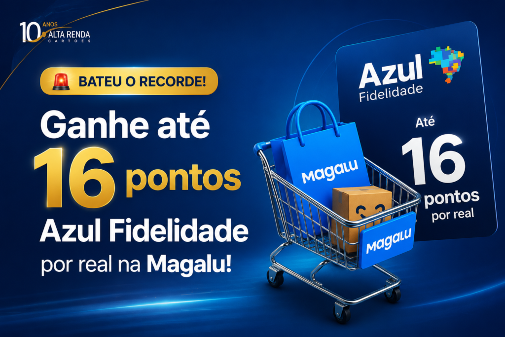 O Magazine Luiza e a Azul Fidelidade lançaram uma campanha relâmpago que turbina o acúmulo de pontos: até 16 pontos por R$ 1 gasto, o maior multiplicador já visto nessa parceria. A promoção vale entre 24 e 27 de agosto de 2026 para produtos vendidos e entregues pela própria Magalu.

O multiplicador máximo é para assinantes do Clube Azul com cartão Azul Itaú; quem é assinante do Clube Azul ganha 14 pontos por real, clientes Azul Fidelidade com cartão Azul Itaú ganham 11, e os demais, 9. As compras devem ser feitas pelo hotsite oficial clube.magazineluiza.com.br/tudoazul, e os pontos entram em até 30 dias úteis após a entrega. Uma chance rara de encher a conta de pontos antes do fim da promoção.