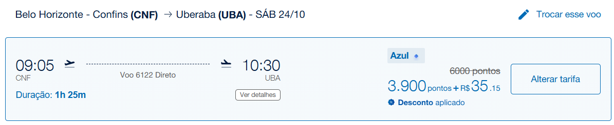 Sonhando com uma viagem? A Azul está com resgates incríveis em voos nacionais a partir de apenas 3.900 pontos + taxas. Separamos cinco rotas imperdíveis, incluindo Belo Horizonte para Uberaba e Recife para Salvador, para você planejar a próxima escapada sem pesar no bolso.

Algumas tarifas já vêm com desconto exclusivo para clientes Azul Diamante, mas os valores regulares também valem muito a pena. Confira a lista completa, prepare seus pontos e garanta o seu trecho antes que as promoções sumam.