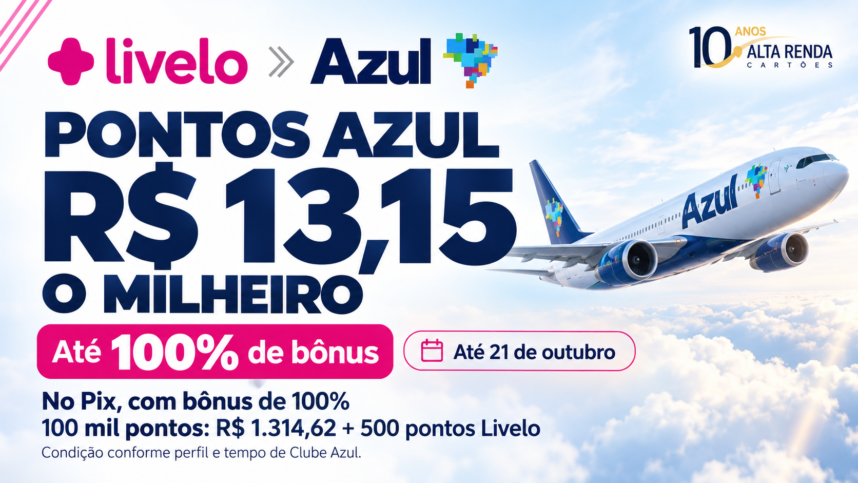 A Livelo está com uma campanha de transferência para o Azul Fidelidade com até 100% de bônus até 21 de outubro de 2026. O percentual máximo depende do tempo de assinatura ativa do Clube Azul.

No cenário mais forte, transferir 50 mil pontos Livelo na modalidade pontos mais dinheiro pode render 100 mil pontos Azul. Pagando via Pix, o custo em dinheiro fica em cerca de R$ 13,15 por milheiro, sem contar os pontos Livelo usados na operação.

O bônus promocional é limitado a 300 mil pontos por CPF, e o adicional por tempo de Clube tem limite anual separado. Confira sua elegibilidade e simule a transferência na sua conta Livelo antes de confirmar.