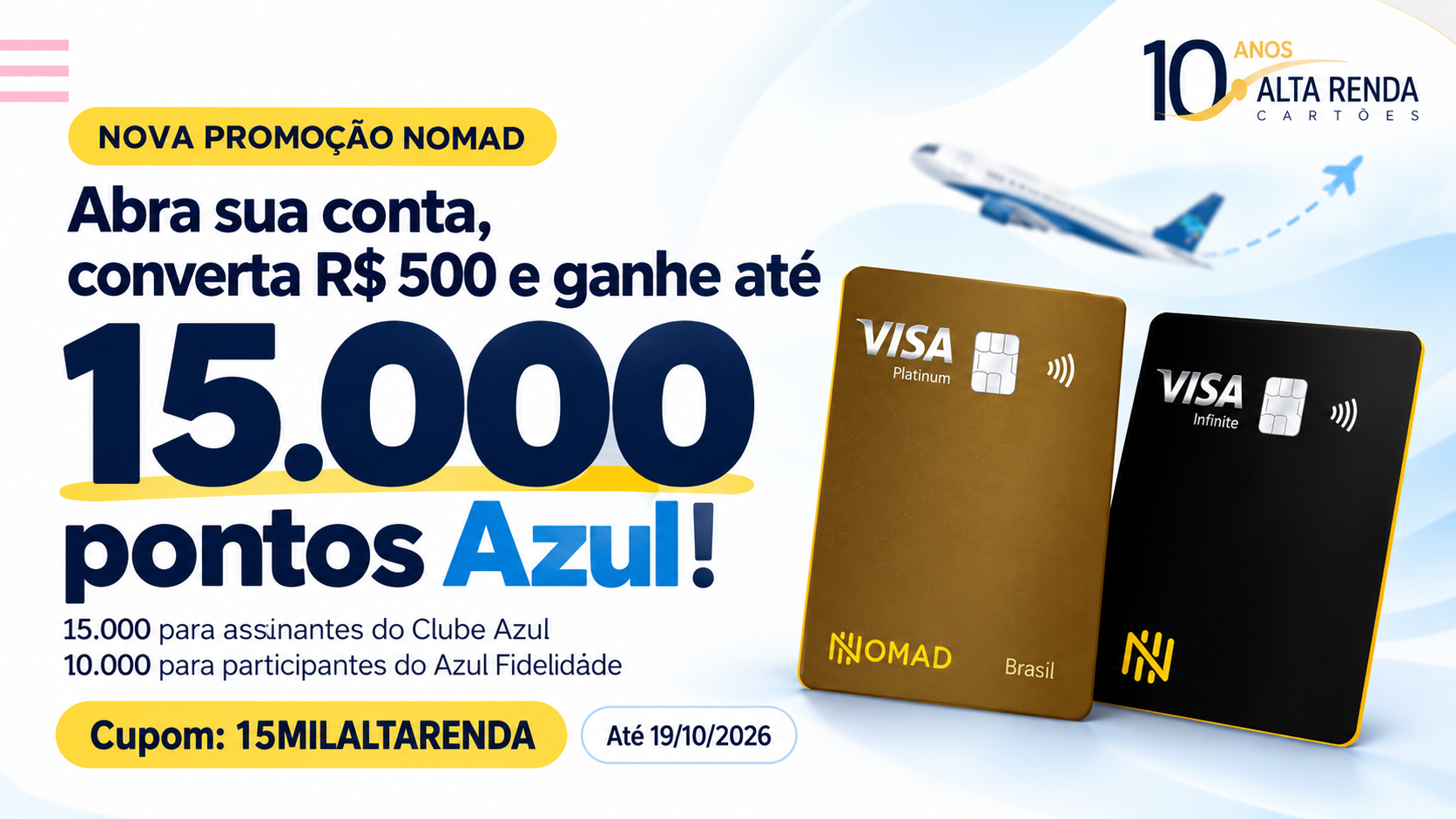 A Nomad acaba de lançar uma promoção em parceria com o Azul Fidelidade para quem quer reforçar o saldo de pontos e ainda começar a usar uma conta internacional. Abra a conta, converta pelo menos R$500 para dólares ou euros e garanta até 15.000 pontos Azul.

Participantes do Azul Fidelidade recebem 10.000 pontos, enquanto assinantes do Clube Azul chegam a 15.000. A abertura da conta vai até 19 de outubro de 2026, e a conversão precisa ser feita em até 15 dias após a aprovação. O crédito ocorre em até 30 dias úteis, após validação. É uma oportunidade direta para quem já planeja viajar e quer transformar câmbio em recompensa.