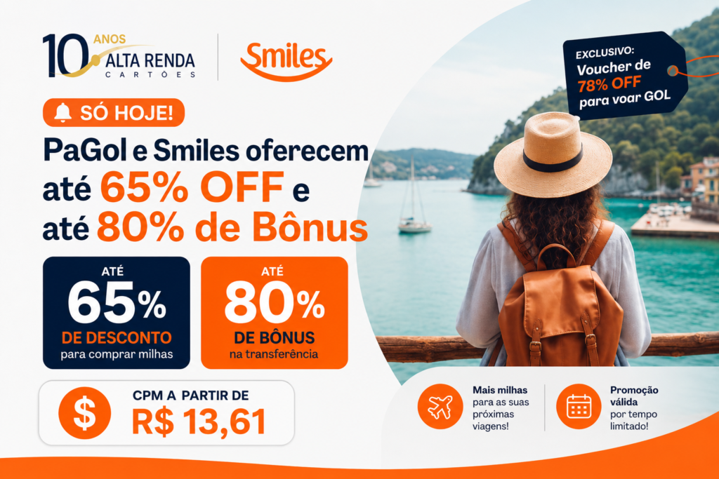 Prepare-se para turbinar seus planos de viagem! PaGol e Smiles se uniram em uma promoção relâmpago que derruba o custo do milheiro para apenas R$ 13,61. Pagando no débito, você garante até 65% de desconto na compra de milhas, e quem é assinante do Clube Smiles ou categoria Diamante/Magno ainda acumula até 80% de bônus.

Além disso, a campanha oferece um voucher exclusivo de 78% OFF para voar de GOL, tornando esta uma das formas mais baratas de emitir sua próxima viagem. Mas corra: a promoção termina hoje, 27 de agosto, às 23h59. Acesse o app da PaGol, conclua a compra no débito e veja seu saldo de milhas decolar.