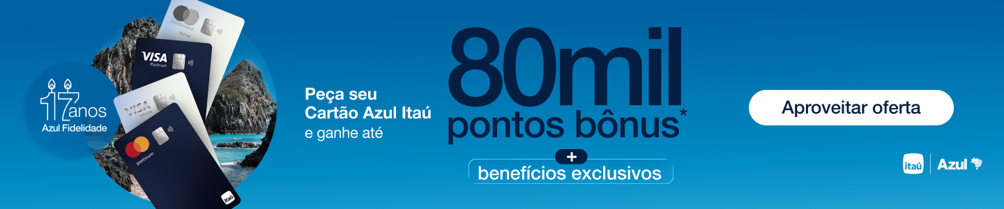 O Itaú e a Azul estão com uma oferta imperdível: quem pedir os cartões Azul Itaú Visa Infinite, Mastercard Skyline ou Platinum pode ganhar até 80.000 pontos bônus ao cumprir a meta de gastos nas três primeiras faturas. A campanha vale para pedidos até 31 de agosto, e ainda dá para turbinar a bonificação com adesão ou upgrade do Clube Azul até 20 de setembro.

Além dos pontos extras, os cartões premium entregam status Diamante no Azul Fidelidade, bagagens grátis, acesso a salas VIP, embarque prioritário e até passagens cortesia para acompanhante. É uma chance rara de acelerar o saldo de pontos e ainda garantir uma série de benefícios de viagem.
