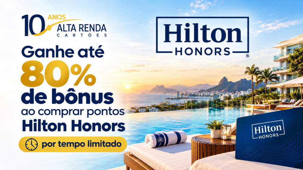 O Hilton Honors acaba de ligar uma das promoções de pontos mais agressivas do ano, oferecendo 80% de bônus em toda compra feita direto na página oficial do programa. A janela é curta e o relógio já está correndo, com a oferta valendo até 25 de setembro de 2026, então quem sonha com uma diária em categoria alta pagando menos que a tarifa em dinheiro precisa se mexer rápido.

A conta é o verdadeiro destaque. Comprando 10.000 pontos por cerca de US$100, o total recebido chega a 18.000 pontos, o que derruba o custo do milheiro para algo em torno de US$5,55, algo entre R$31 e R$32 dependendo do câmbio do dia e do IOF e spread do cartão. As compras começam em 3.000 pontos, o limite anual é de 300.000 pontos antes do bônus, e os pontos extras caem na conta em até 48 horas.

Duas coisas merecem atenção antes de finalizar. Esses pontos são não qualificáveis, ou seja, nunca contam para upgrade de status elite, e todas as compras são definitivas e sem reembolso. O ponto ideal é cruzar a compra com a quinta noite gratuita que membros Gold e Diamond garantem em resgates feitos 100% com pontos. Para quem paga em dólar, ferramentas como a Wise para conversão de moeda ou uma conta em dólar Nomad ajudam a aliviar o impacto do câmbio e a render mais o orçamento de viagem.